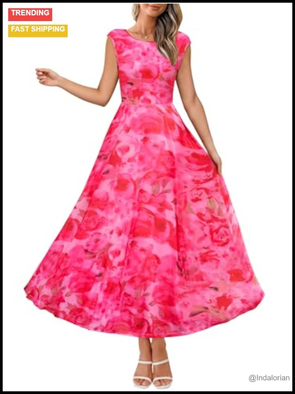 Women's Floral Mesh Cap Sleeve Crewneck Flowy Maxi Dress Wedding Guest Summer